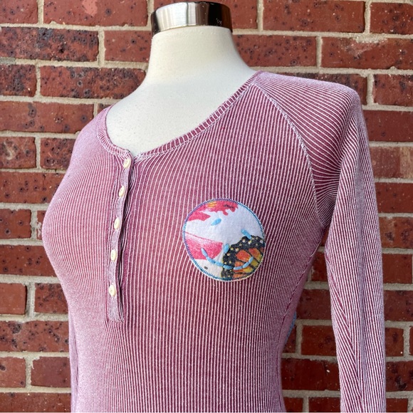 Scanty Brand Burgundy Red Striped Shirt Top Small Embroidered Bohemian Make Love - Picture 3 of 13